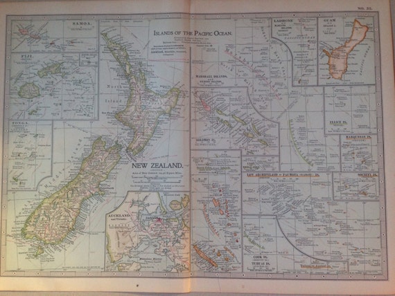 1903 PACIFIC ISLANDS map, antique, original, colour, historical