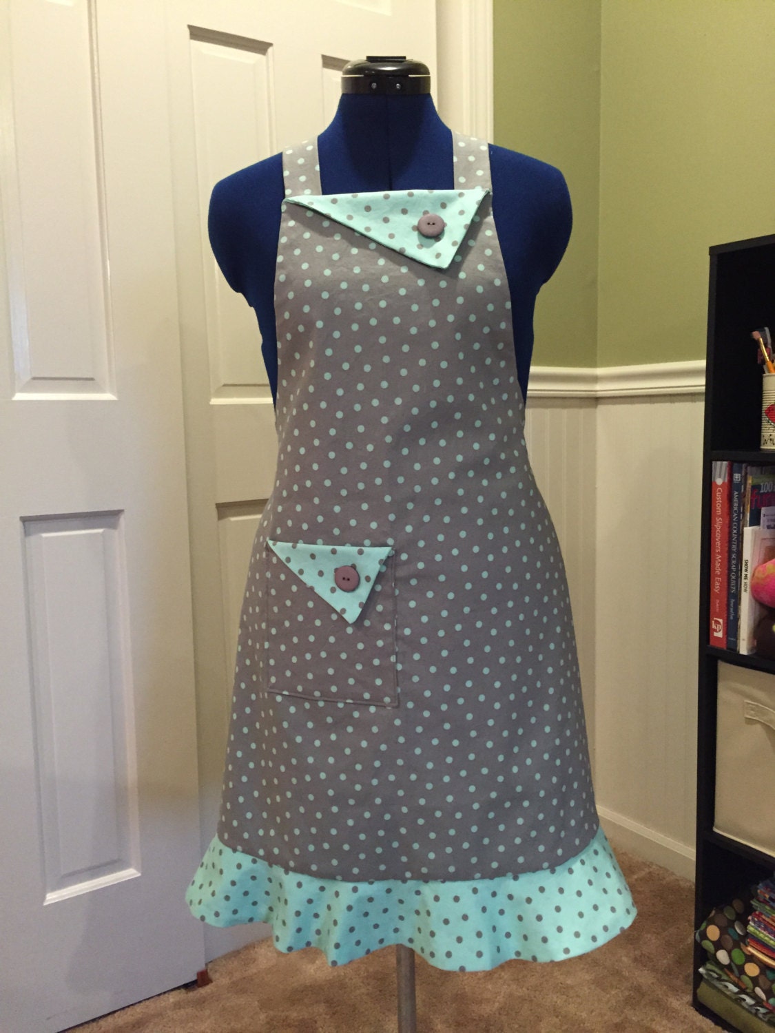 Full Apron Retro Style Apron Gray & Teal Polka Dots