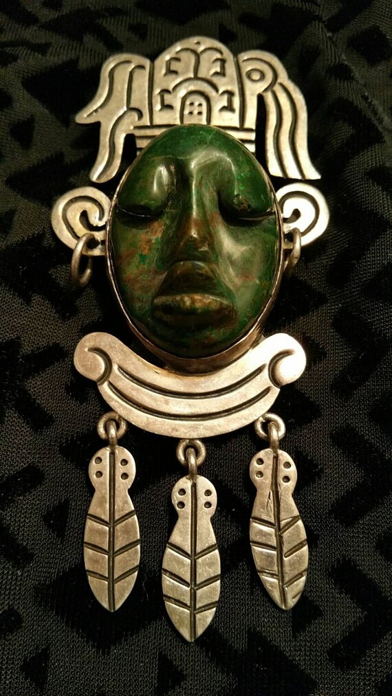 Aztec Carved Stone Face Sterling Silver Taxco Made In by cenotaphs