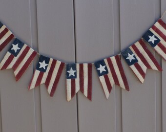 American Flag Banner, Patriotic Banner, Patriotic Bunting, 4th of July Banner, Patriotic Decor, Primitive Burlap Bunting Garland, Americana