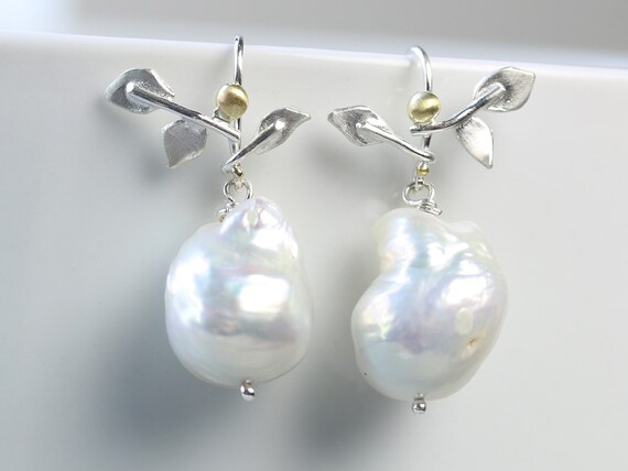 Gold Dotted Vine Baroque Pearl Earrings by fussjewelry on Etsy