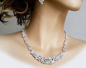 Bridal Jewellery Set Pearl Rhinestone Necklace Long Earrings, Bridal Jewelry Set Statement Wedding Pearl Crystal Bridal Jewlery Set