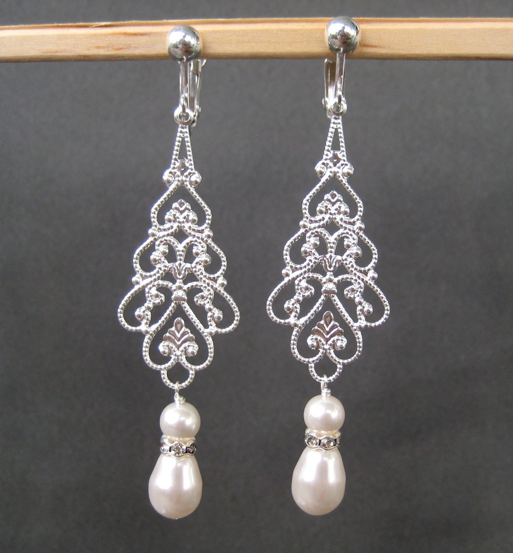 Silver Bridal Clipon Earrings Long Pearl Rhinestone Clipons