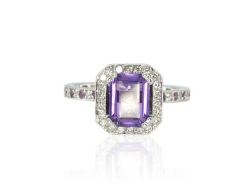 Emerald Cut Engagement Ring, Amethyst Ring with Amethyst and Diamond Eternity Shank - LS2638