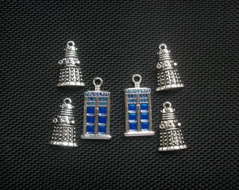 6 Police Box and Robot Alien Charms Silver Tone Metal