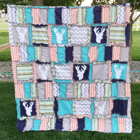 Rag Quilt Twin With Deer Silhouette in Turquoise, Orange, Gray, and