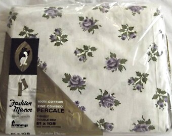 Mint In Package Vintage 60s, 70s Cotton Flat Sheet, Double Bed, White with PURPLE Roses,Bedding,Fabric, Craft, Quilt Sewing Project Material