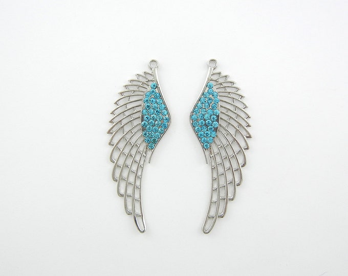 Pair of Rhinestone Cut-out Wing Charms Blue Turquoise Rhinestones Silver-tone