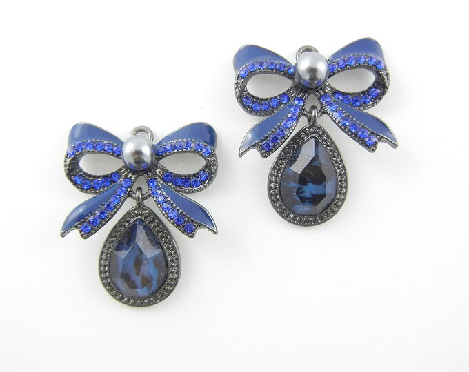 Pair of Hematite and Blue Sapphire Rhinestone Bow Drop CHarms