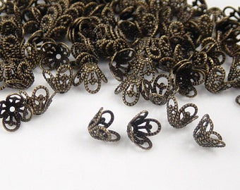 REDUCED Brass Antique Bronze Bead Cap 100 4 Point Flower Filigree Victorian 8mm x 6mm (1048cap08z1)