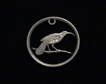 New Zealand - cut coin pendant - Huia Bird on Branch - 1965