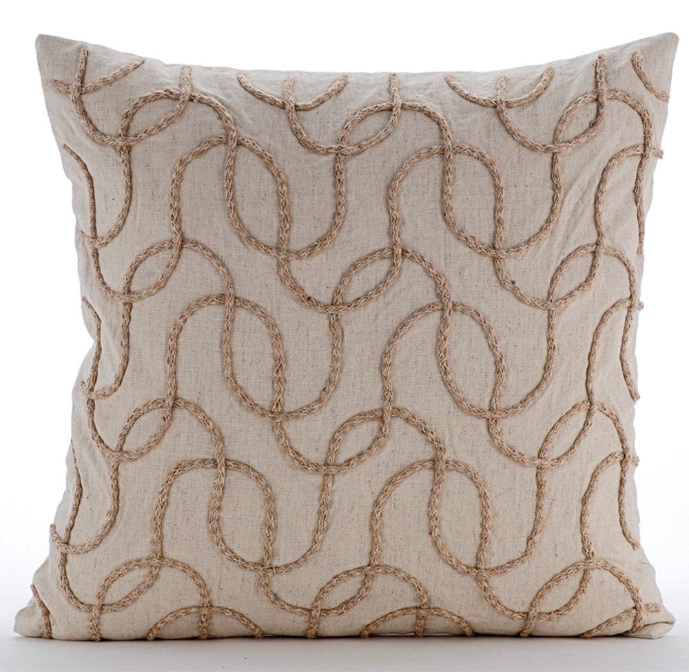 Natural Beige Throw Pillow Covers 20x20 Embroidered Linen