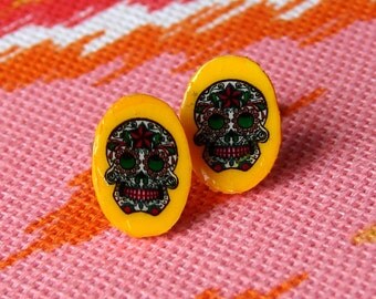 Earrings - Seriously Small Sugar Skull Studs on Sunny Golden Yellow