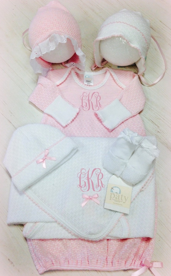 Monogrammed Paty Gown Set - Pink, Blue, Purple, or White - Great for Baby Showers