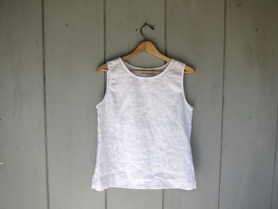 Vintage linen tank top. White sleeveless blouse tank.