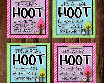 LDS Primary- It's A Real Hoot To Have You With Us In Primary- (6) 3x3 Cards- Instant download