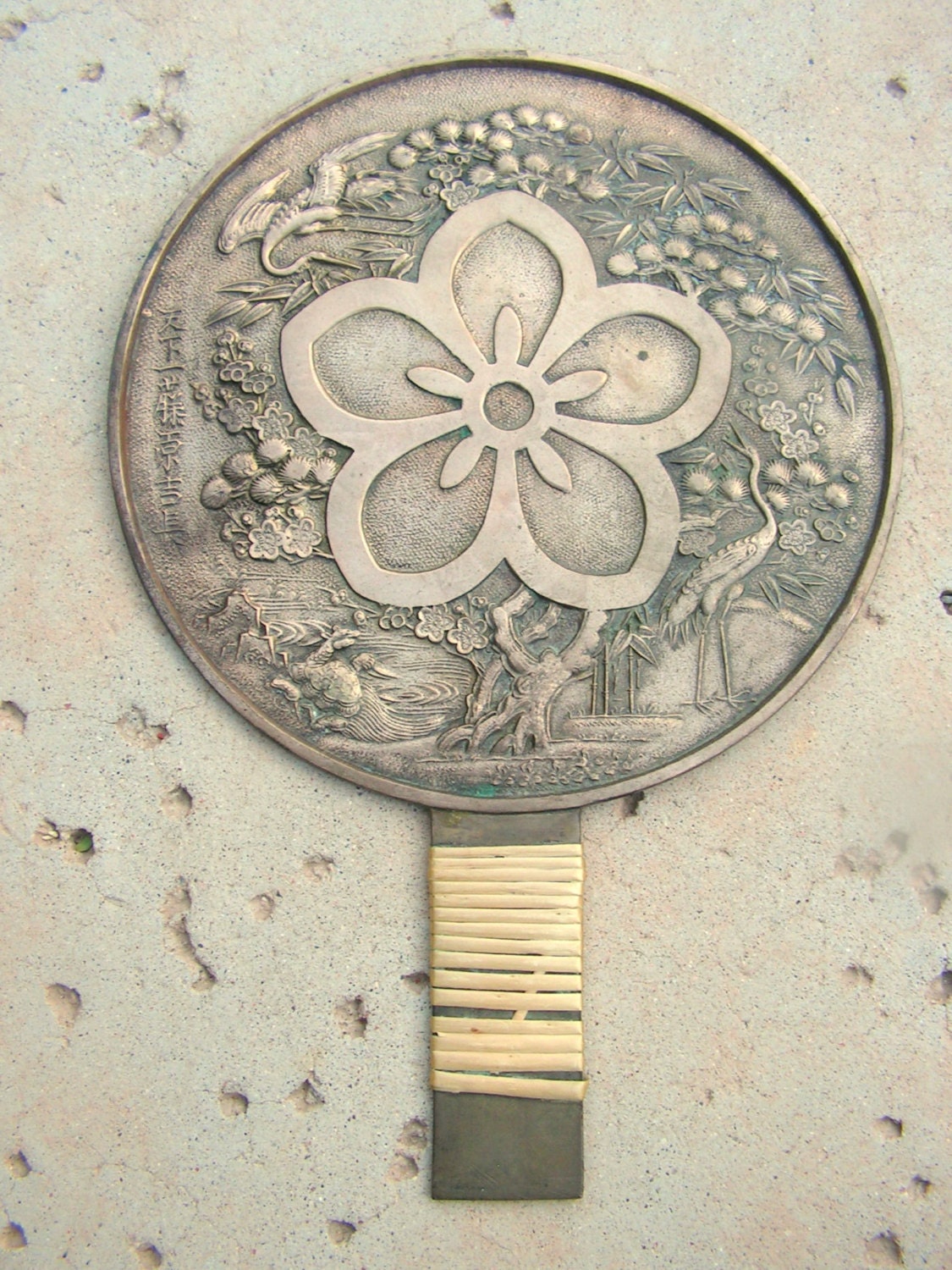 Antique Silverplated Bronze Japanese Hand Mirror Relief Design