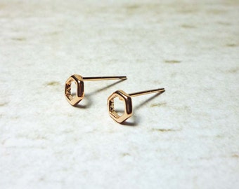 Rose Gold Hexagon Stud Earrings, Dainty Earrings