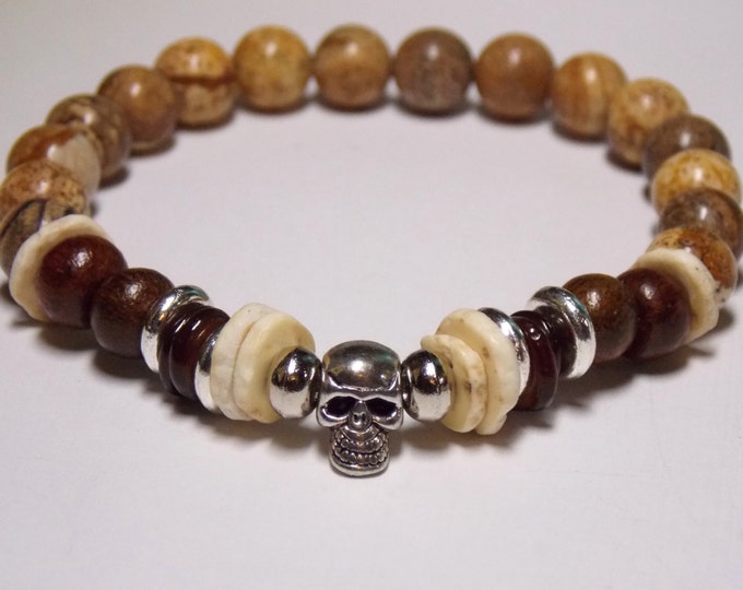 Mens Bracelet, Skull Bracelet, Natural Elements, Jasper, Wood, Bone. Shell Bracelet, Mens Jewelry, Rocker Bracelet, Woodland Bracelet