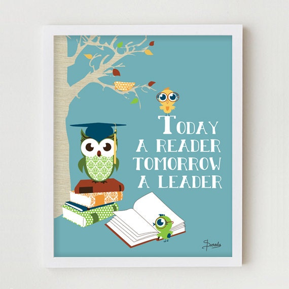 Reading Books Owl Art Print Owls Reading Wall Decor Owl Art