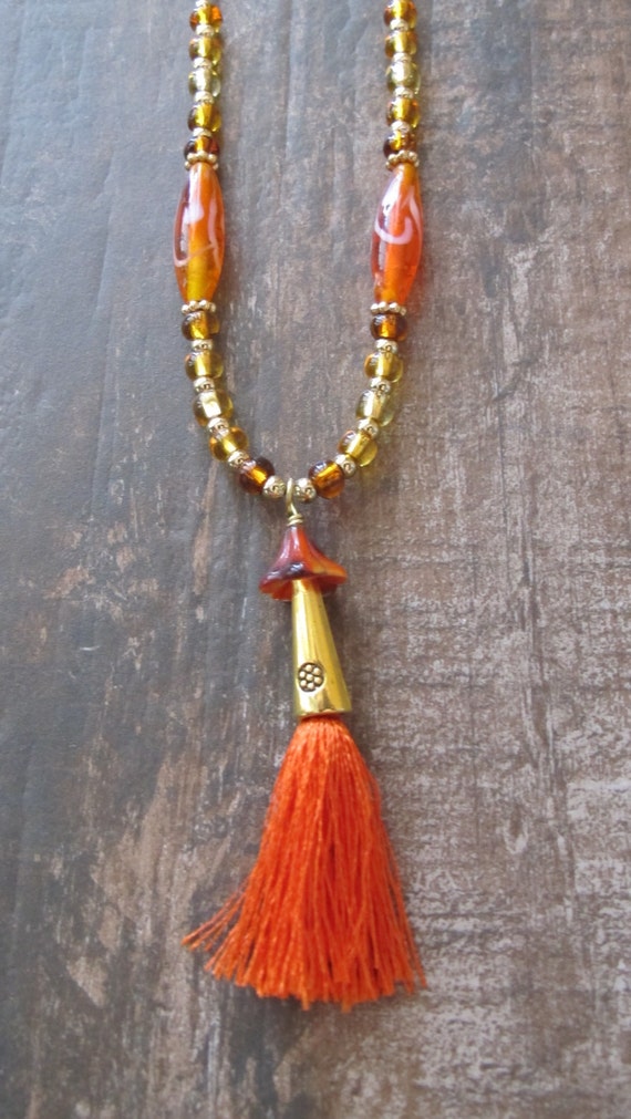 Boho Deep Orange Silk Tassel Necklace Gold by ThePaintedCabeza