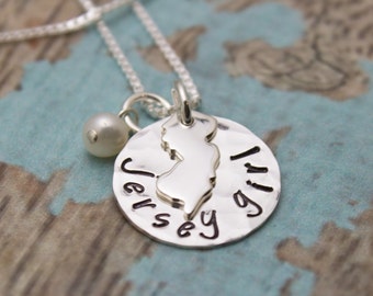 Jersey Girl Necklace with Pearl or Birthston, New Jersey Necklace, Jersey Gir Jewelry, New Jersey State, Personalized Hand Stamped Jewelry