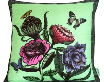 Flowers and Butterflies Printed Silk Cushion / Floral Silk Pillow / Green Silk Cushion /