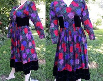 45% OFF 80s Dress/ Floral Dress with Velvet Insets/ Vintage Dress by David Molho/ French Dress Size 8
