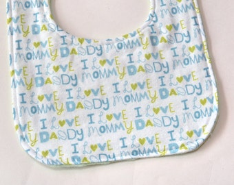 Baby Boy Bib, Baby Shower Gift, I Love Mom Dad Reversible Bib Feeding Bib or Drool Bib Infant Bib, Soft and Comfy Backing