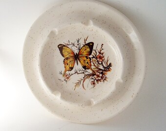 Vintage Ashtray Treasure Craft Made In USA Butterfly flowers splatter design Mod Mid Century Tobacco collectible
