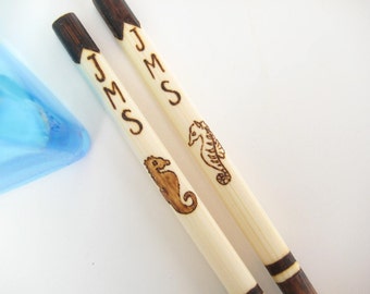 Personalized Chopsticks with Cute Seahorses-Valentine's Day, Engagement, Beach Wedding or Anniversary Gift