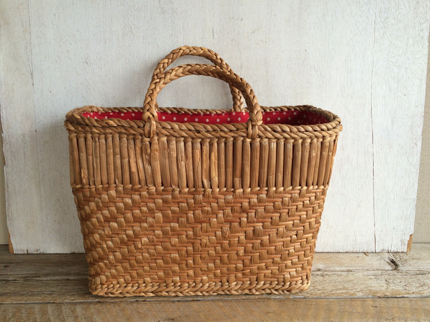 Vintage Wicker Basket with Red & White Polka Dot Fabric Haute Juice