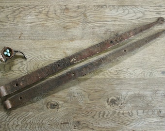 Pair of Long Antique Hand Forged Iron Strap Hinges 34 Inches Long