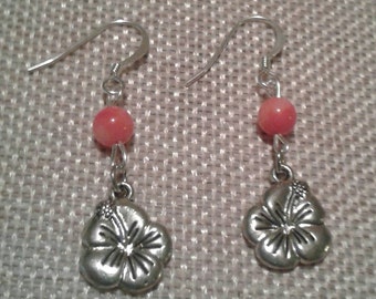 Pink Coral and Hibiscus Flower Charm Drop Earrings