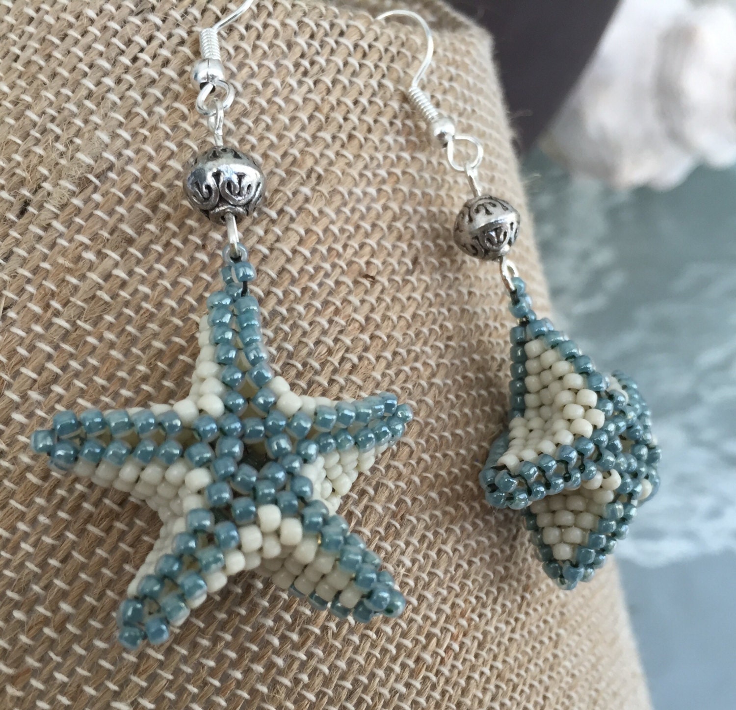 Handmade Beaded Starfish Earrings in Cream and Baby Blue