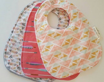 Baby Bib - Baby Drool Bib - Baby Bib Gift Set - Girl Bib Set - Coral Baby Bib - Tribal Baby Bib - Baby Shower Gift