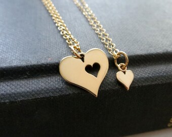 Mother daughter necklace, heart cutout charm necklace for mother daughter gift, golden bronze heart, gift for new mom, baby shower