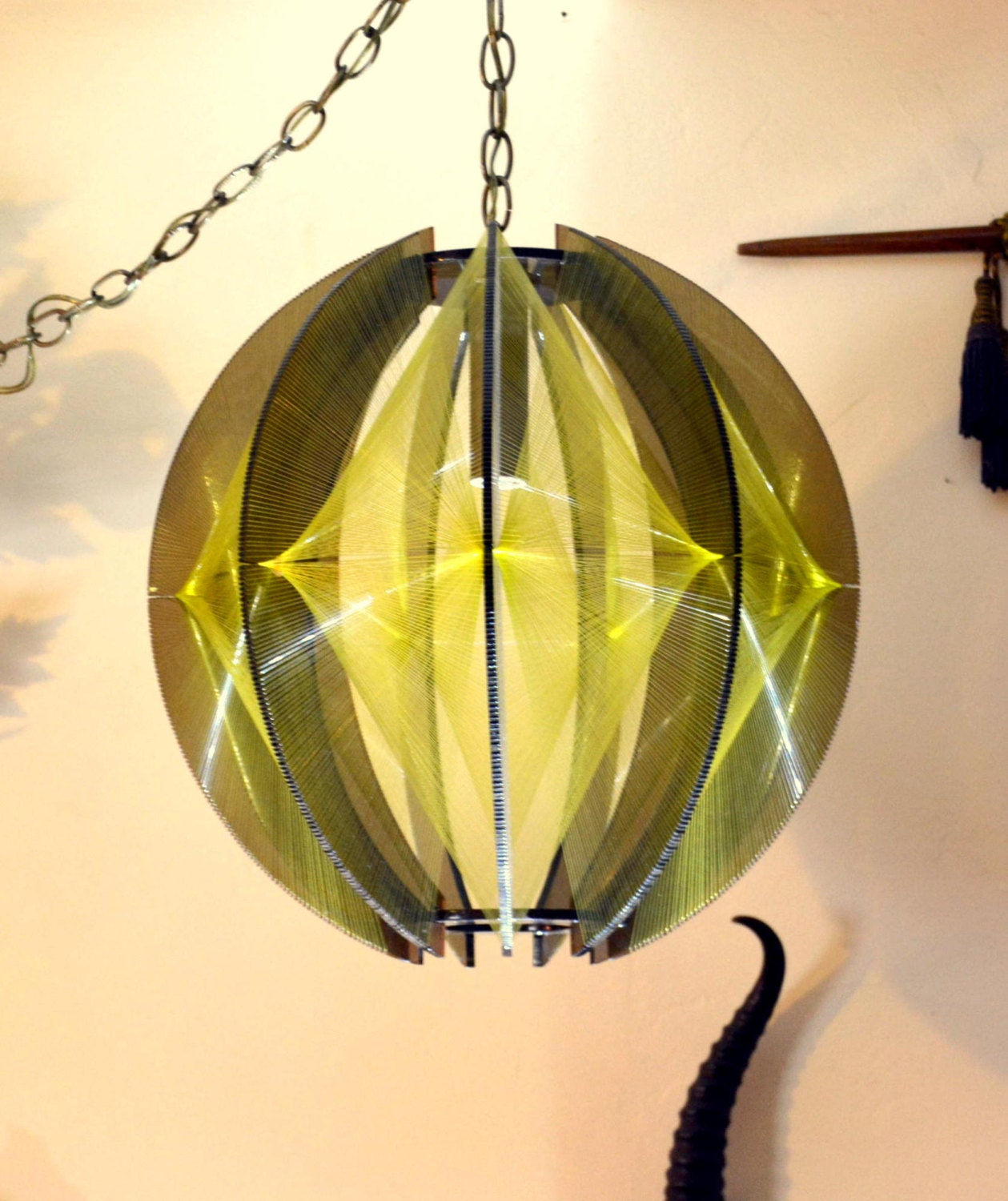 Smoked Lucite & String Art Swag Lamp Golden Intricate