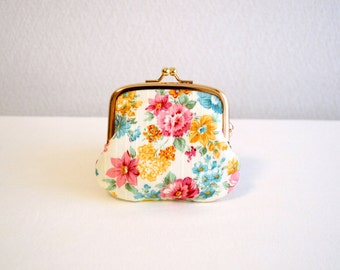 Elegant floral tiny coin purse - white, pink, blue, Handmade in Japan.