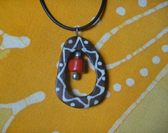 Kenyan Batik Bone Peek a Boo Pendant African Tribal Red Coral Necklace