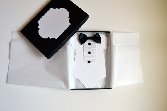 Tuxedo Onesie Baby Shower Birthday Invitation in Box, Bow tie invitation, bowtie invitation, Black Tie invitation, gentleman invite Il_570xn