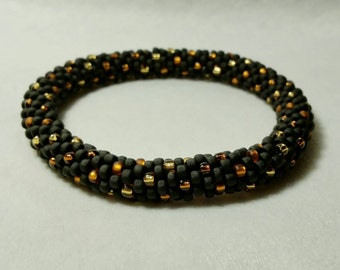 Black, Gold and Topaz Seed Bead Crochet Bangle - Ready to Ship