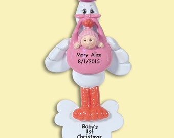 Baby's First Christmas - GIRL Stork - Personalized Ornament - RESIN Ornament