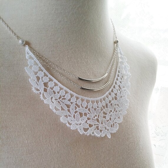 White Lace Necklace Fabric Necklace Lace Fashion white silver