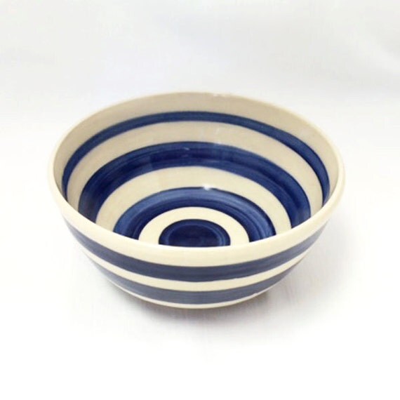 Blue and White Striped Ceramic Bowl Cereal Bowl by Juliesceramics