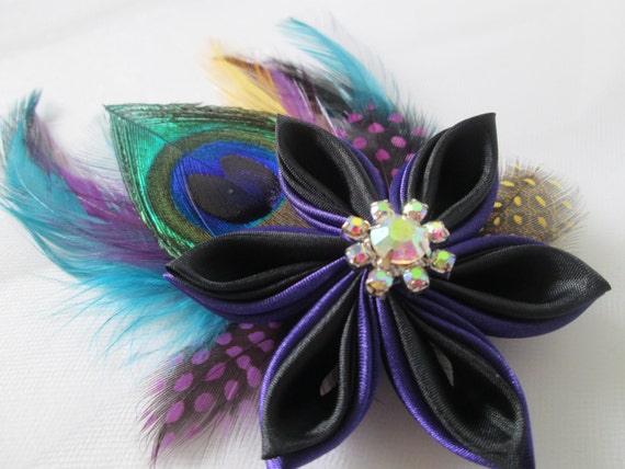 Purple & Black Peacock Hair Clip Bridal Party Hair Flower