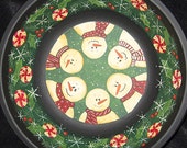 Christmas Folk Art Hand Painted Large Wooden Bowl - MADE TO ORDER - Snowmen with Red Scarves, Candy Canes, Peppermints, Holly Leaves, Snow