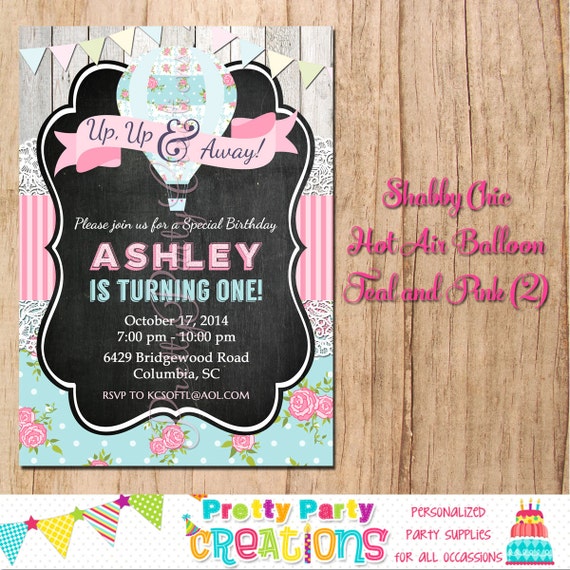 Shabby Chic HOT AIR BALLOON - Pink and Teal Version 2- birthday or baby shower invitation - You Print Il_570xn