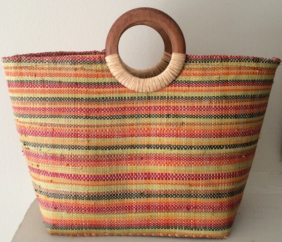 Multi Colored 80&#39;s Straw Handbag with Wood Double