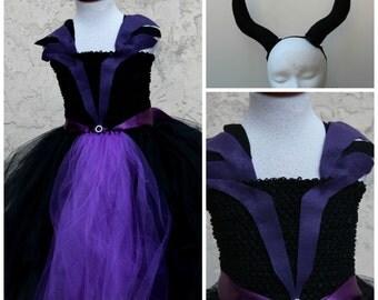 Maleficent Dress and Horns Headband - Maleficent Costume - Black Witch Costume - Bull Horn Headband